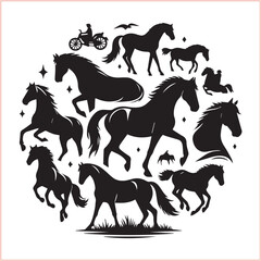 Silhouette Set of Horses Horse head bundle in Wild West Horses