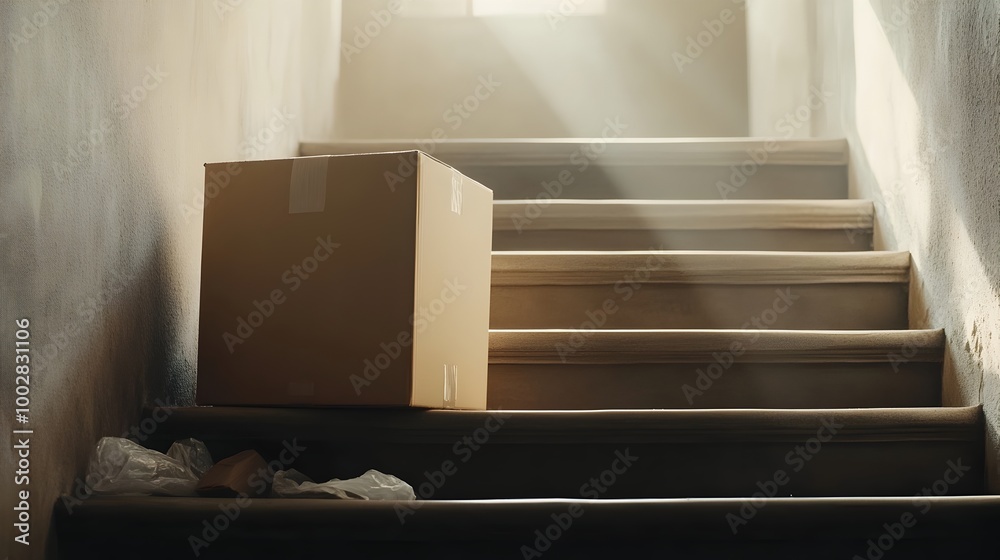 Aufkleber A simple and minimalist scene of a cardboard box sitting on an empty staircase with packing materials scattered around and soft light filtering in from a nearby window
