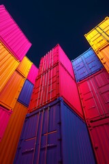 Fototapeta premium Colorful stacked shipping containers against a dark sky.