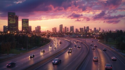 Fototapeta premium A scenic view of an expressway at dusk, with the last rays of sunlight illuminating the road and distant buildings, creating a peaceful yet vibrant atmosphere for evening travelers.