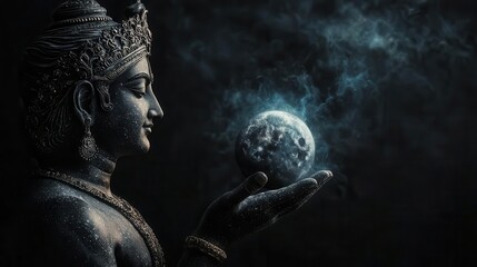 Vishnu holding the universe in one hand, balancing cosmic order and divine chaos with effortless grace, Vishnu, balance, universal balance