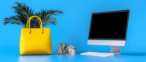 modern workspace with desktop computer and yellow bag, stylish office desk with plant decor on blue background, creative work setup with fashion accessory, fashion tech workspace, stylish digital desk