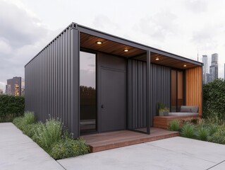 Fototapeta premium Industrial-style container bathroom exterior with rusted steel panels, small patio, and urban cityscape backdrop