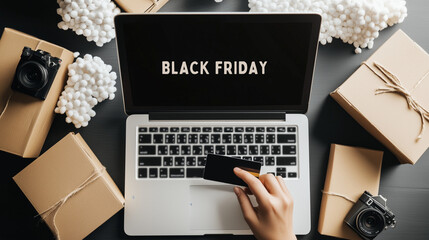 Black Friday and big sale concept. A hand holding a credit card and a laptop screen with text "Black Friday"