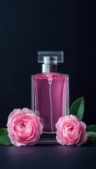 Perfume bottle with pink liquid and fresh roses on a dark background.