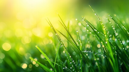 Fototapeta premium A Refreshing Close-up of Dew-Covered Green Grass in the Morning 