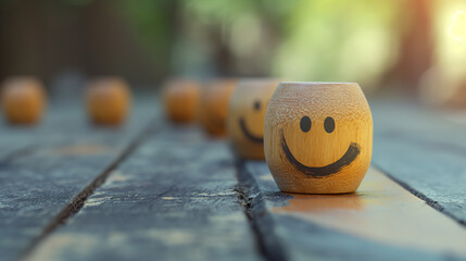 A row of small wooden smiley face pieces is spread across a wooden table surface, capturing a playful and warm expression of joy and connection to nature.