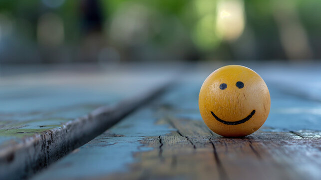 A small, simple smiley face ball rests on a rustic wooden surface, symbolizing happiness and simplicity against a blurred natural background and inviting tranquility.