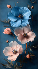 Delicate pink and blue flowers against a deep blue background.