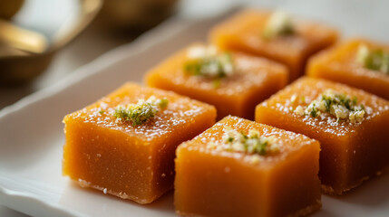Delicious pieces of Indian dessert on a plate garnished with nuts and ready to enjoy