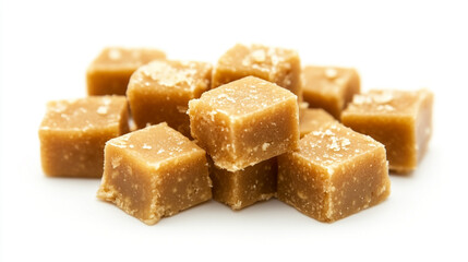 Creamy caramel cubes arranged on a white surface highlighting their rich texture and color