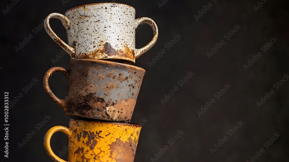 Poster A stack of used stained and worn vintage ceramic mugs and cups illuminated by a soft warm light from above creating an intimate relatable and moody still life scene