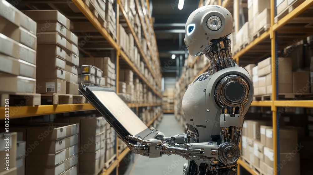 Poster a robot is standing in a warehouse and holding a tablet