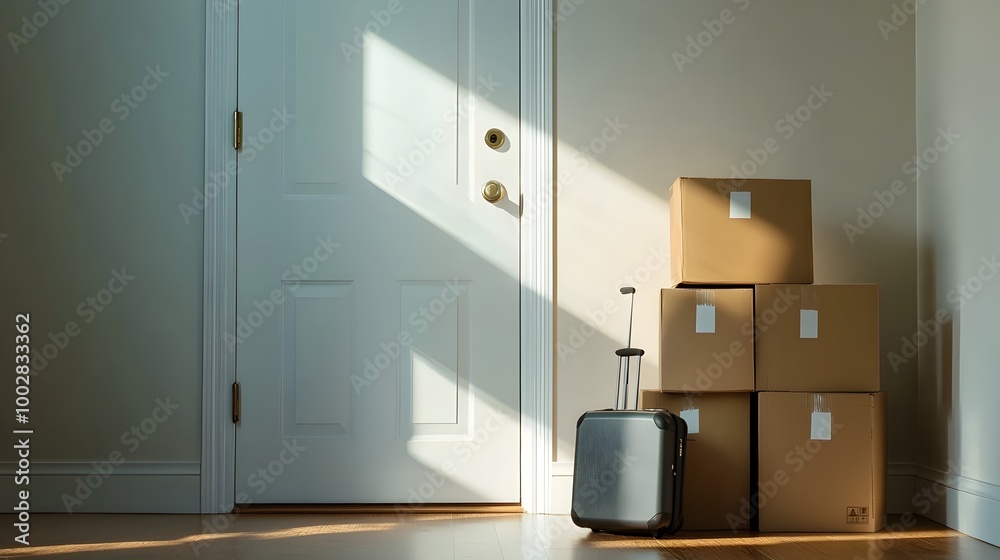 Aufkleber A suitcase and stacked moving boxes positioned by the open front door with natural light streaming in and casting shadows on the hardwood floor below symbolizing a residential move or relocation