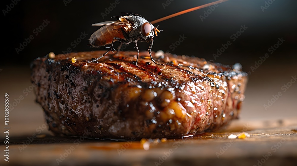 Poster A tantalizing close up of a succulent steak its texture highlighted by soft natural light with a curious fly perched atop creating an intriguing culinary tableau
