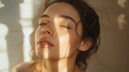 A serene image of a woman with a natural makeup look, featuring soft blush and light eyeliner, enjoying a moment of self-care in a cozy, well-lit bathroom.