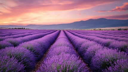 Obraz premium Vibrant lavender fields blanket the landscape, their deep purple hues contrasting beautifully with a pastel sunset, creating a tranquil atmosphere that beckons relaxation