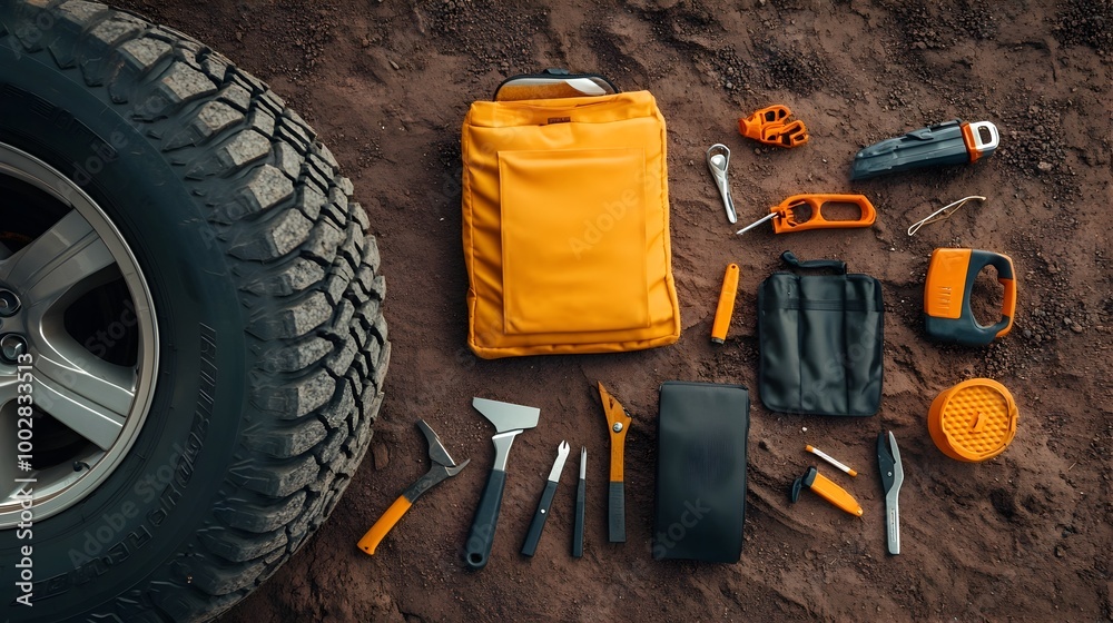Poster a tire repair kit laid out on the ground next to a flat tire with all the necessary tools and materi