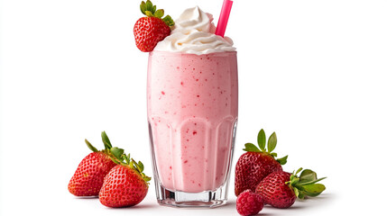 Creamy strawberry and raspberry milkshake served in a tall glass with fresh berries garnishing
