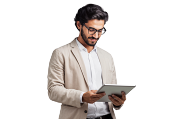 Handsome businessman using a tablet and working, isolated on transparent background