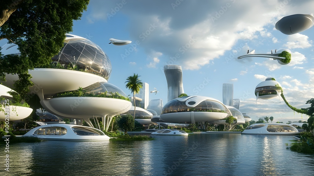 Poster a visionary depiction of a futuristic city that utilizes water as its primary energy source showcasi