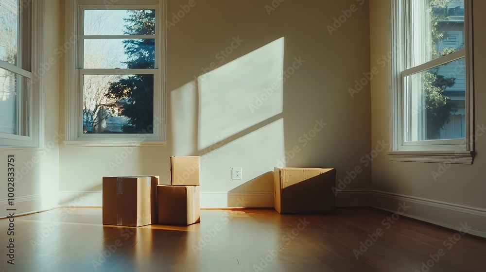 Poster a wide serene shot of an empty living room with a few sparse boxes in the corner highlighting the na