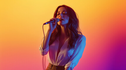 Fototapeta premium A woman sings with passion against a vibrant warm gradient background, capturing the essence of music, emotion, and artistic expression in a dynamic form.