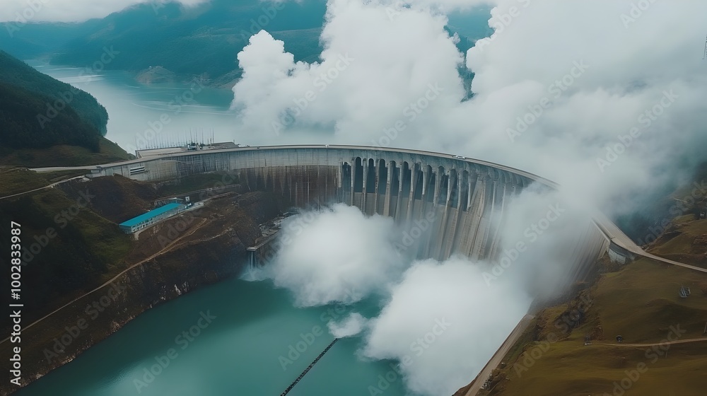 Poster Aerial view of a large scale hydroelectric dam with massive amounts of water flowing through powerful turbines generating clean
