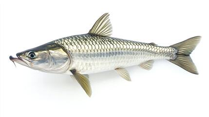 Silver fish specimen displayed on a white background showcasing its streamlined body and fins