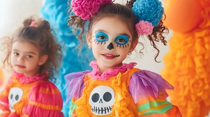Fototapeta premium Cheerful and Colorful Halloween Costumes for Playful Kids Celebrating the Holiday with Festive Paint and Bright Expressions