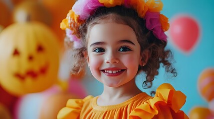 Fototapeta premium Cheerful smiling young girl with curly hair wearing a fun colorful Halloween costume and surrounded by festive pumpkins balloons and for a joyful holiday