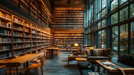 A serene interior of a modern library with tall shelves filled with books, soft lighting, and cozy reading nooks inviting patrons to explore and enjoy their favorite titles.
