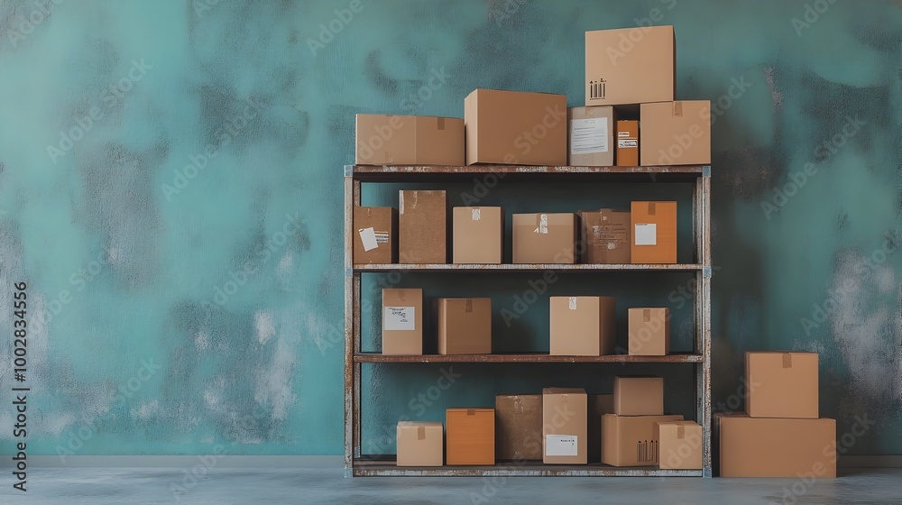 Poster An empty dust covered bookshelf stands alone surrounded by stacked moving boxes signaling an impending transition or relocation  The minimalist scene evokes a sense of change organization