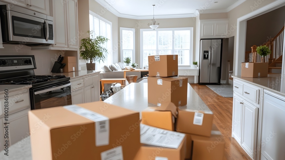 Poster An empty kitchen counter with household appliances unplugged and boxed along with a stack of labeled moving boxes on the floor indicating a transition or relocation in progress
