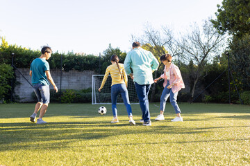 Obraz premium Playing soccer outdoors, family enjoying time together on green field