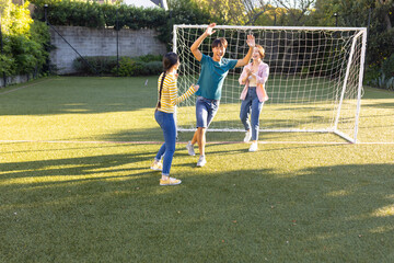 Playing soccer, family celebrating goal on field with net in backyard