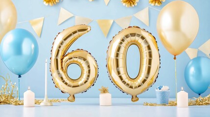 Golden 60th Birthday Celebration: A festive tableau featuring gold foil balloons spelling out "60" alongside blue and gold balloons, candles, and confetti.