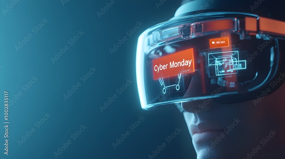 Poster augmented reality headset with floating cyber monday themed product tags showcasing future retail te