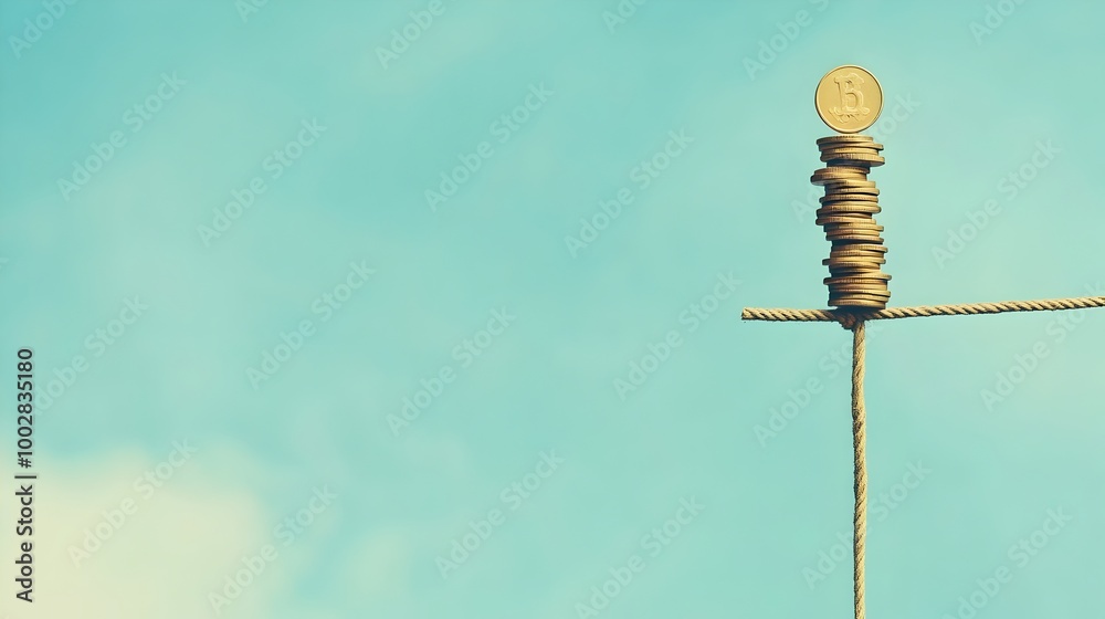 Poster balancing coins on tightrope navigating the risks and rewards of business strategy
