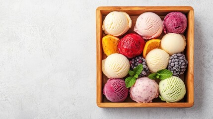 Scoops of mixed fruit ice cream in a wooden tray, decorated with colorful fruit slices, festive and summery