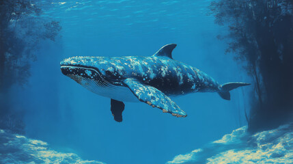 Fototapeta premium A humpback whale swims gracefully through the ocean depths.