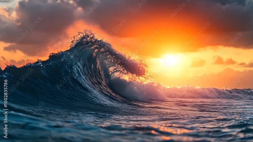 Poster breathtaking image of a massive tidal wave crashing against the shore at dawn with the sun s brillia