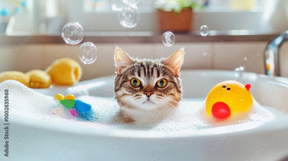 Poster a serene scene of a cat relaxing in a bathtub, surrounded by bubbles and colorful bath toys, illustr