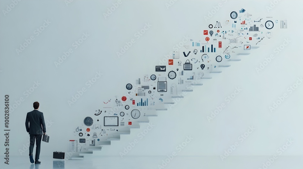 Poster businessman ascending the stairs made of business symbols like graphs clocks and briefcases represen