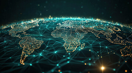 digital world map showcasing global connectivity with illuminated network lines representing data flow across continents. This image captures essence of connected world