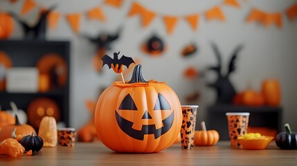 Festive Halloween backdrop with a playful pumpkin costumes and bright spooky accents creating a fun seasonal atmosphere for a party or holiday