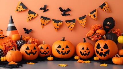 Colorful and Playful Halloween Backdrop with Pumpkins Cheerful Bright Fun Costumes for Kids