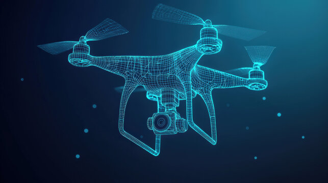 3D wireframe hologram of drone with camera, showcasing its intricate design and technology. This futuristic representation highlights drones features and capabilities