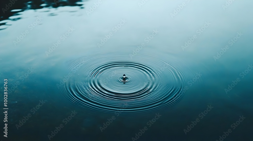 Poster Captivating image showcasing the mesmerizing circular ripples created by raindrops gently hitting the serene surface of a calm lake creating a beautiful and tranquil natural scene