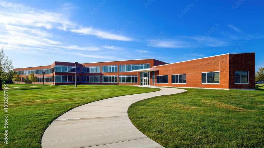 Sticker Modern Brick Building with Grass Lawn